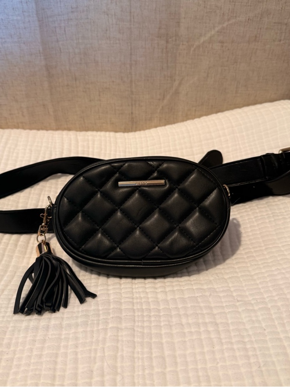 Quilted Black Leather hip Belt Bag with Tassel
